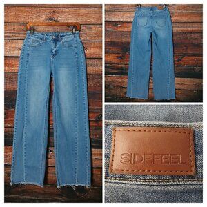 Sidefeel Jeans Size 6 Wide Leg High Rise Crop Raw Hem Paneled Blue Denim Stretch